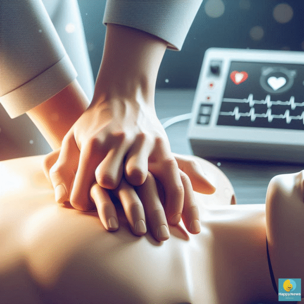 A close-up illustration of a person's hands performing CPR on a mannequin, with a defibrillator in the background.